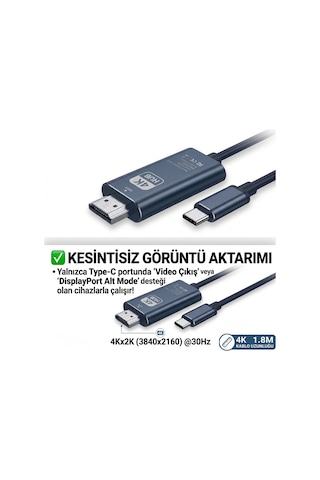4k Ultra Hd Type-c To Hdmı Görüntü Aktarım Kablosu - 1.8 Metre Alüminyum Gövde Tak Çalıştır