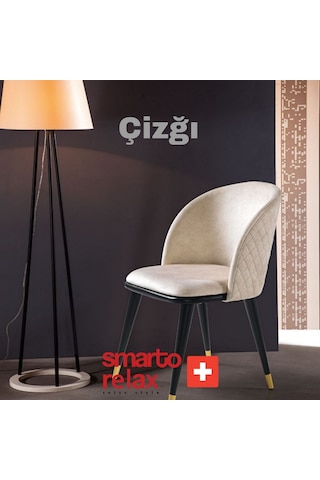 Smarto Relax Çizgi 2'li Yemek Masası Sandalye Seti - Ahşap Ayaklı, Beyaz Kumaş Kahverengi & Bej