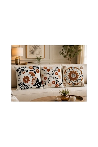 3 Lü 43x43 Cm Dekoratif Kırlent Kılıfı Seti Çiçek Desenli, Dijital Baskılı, Fermuarlı Bej Bej