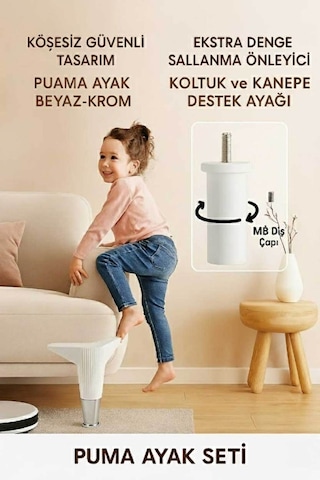 Puma 15 Cm Beyaz-krom 6'lı Set Mobilya Kanepe Tv Ünitesi Dolap Konsol Ve Destek Ayağı Beyaz-krom