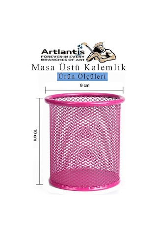 Pembe Silindir Masa Üstü Kalemlik 1 Adet Metal Fileli Renkli Perforeli Yuvarlak Kalemlik Ofis Büro Okul Pembe