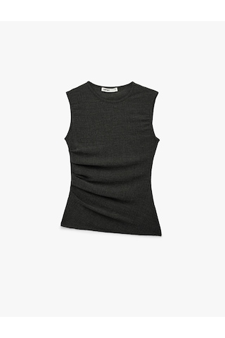 Koton Bürümcük Kumaş Asimetrik Kesim Drape Detaylı Kolsuz Bisiklet Yaka Bluz Antrasit 6sak10089ek