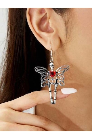 Dükkan Design Red Heart Butterfly Skeleton Küpe Gümüş - Gri
