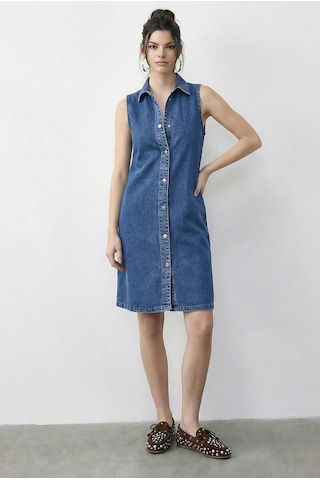 Shade Kadın Çıtçıt Kapamalı Cep Detaylı Gömlek Yaka Denim Elbise 5534 60286004 - Mavi