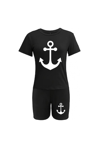 Gülsüm Aydın Kadın Kısa Kollu Çapa Baskılı Viskon Ikili Takım Siyah