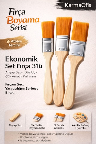 Ekonomik Set Fırça 3 Lü Düz Uçlu Ahşap Sap, Akrilik & Guaj Boya Uyumlu