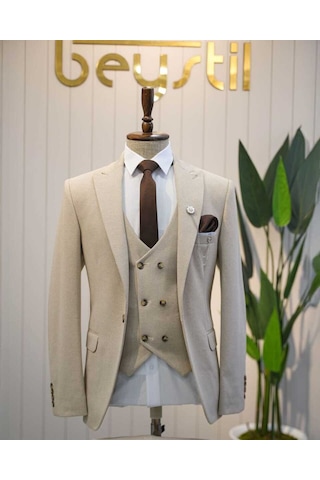 Beystil Sivri Yaka Krem Takım Elbise Elanor- Slim Fit Ekru