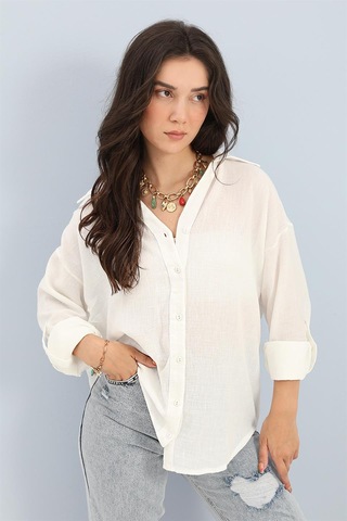 Gömlek Dantel Detaylı Keten - Ekru-ekru Ekru