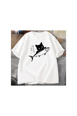 Tarzsokak Siyah Kedi T-shirt Komik Japon Balık Tshirt Kawaii Kedi Sevgilisi T Shirt Kadın Erkek Grafik 2944 Beyaz