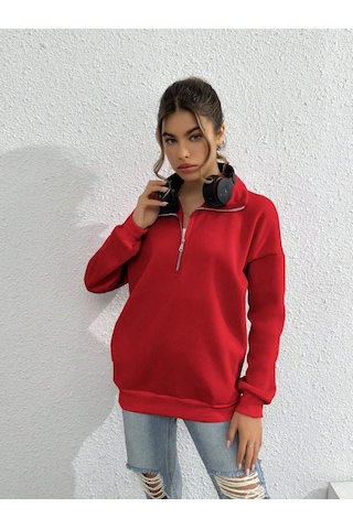 Macklin Unisex Kadın Erkek Baskısız Yarım Fermuarlı Dik Yaka Basic Sweatshirt Kırmızı Mck0604 Kırmızı