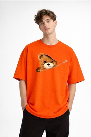 Misa Tahtakale Mn - Bear Baskılı Oversize Tişört Turuncu Çok Renkli