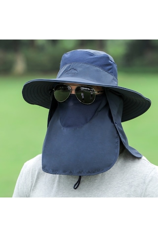 Çıkarılabilir Boyun Koruyucu Ve Yüz Siperli Geniş Kenarlı Güneşlikli Şapka Mavi
