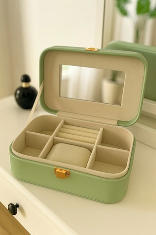 Deri Seyahat Takı Bijuteri Mücevher Kutusu Organizer Düzenleyici 20cm Yeşil İthal Ürün
