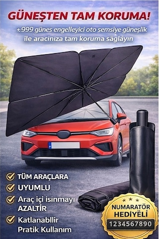 79x14 Cm Oto Şemsiye Güneşlik Tüm Araçlara Uyumlu Ön Cam Güneşlik Numaratör li