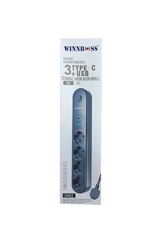 Winnboss 4'lü Priz 3'lü Usb Girişli Çoklu Uzatma Kablosu Şarj İstasyonu Akım Korumalı Anahtarlı 0.2 M