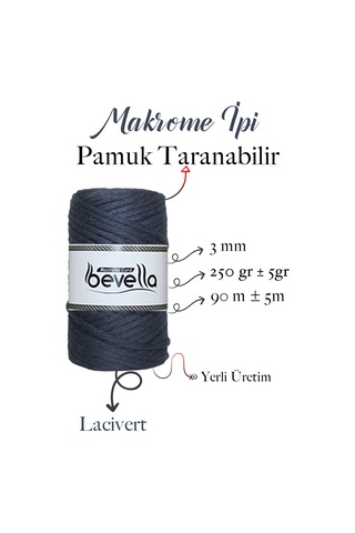 Taranan Makrome Ipi 3mm Taranabilir Pamuk Tek Büküm Makrome Ipi Lacivert
