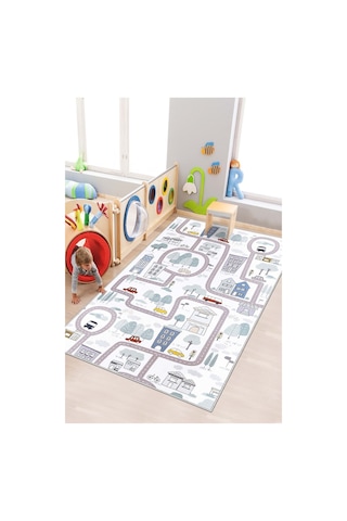West Home Makinede Yıkanabilir Kaymaz Taban Leke Tutmaz Yol Desenli Halı Bebek Ve Çocuk Halısı Oyun Matı Wh 564 White Beyaz