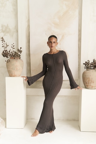 Matias Sırt Dekolteli Boz Kahve Triko Uzun Elbise Boz Kahve