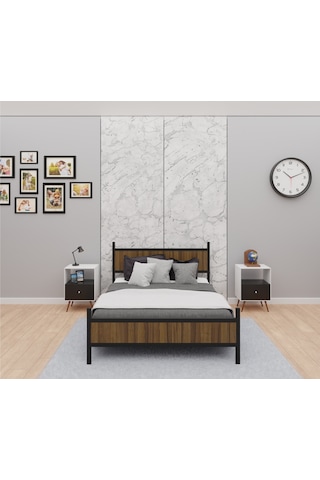 Gm 305 Modern Çift Kişilik Ahşap Metal Siyah Ceviz Karyola 150x200