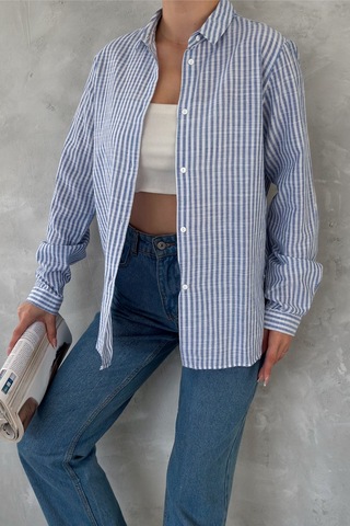 Femelle Kadın Mavi Çizgili Slim Fit %100 Pamuk Gömlek