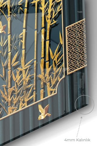 Gold Detaylı Ağaç Dalları Ve Kuş Doğa Temalı Cam Tablo 50x70 Cm