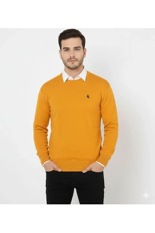 Defymoda Erkek Bisiklet Yaka Nakış Işlemeli Triko Kazak Yumuşak Dokulu Pamuklu Ince Dokuma, Uzun Kollu Rahat Turuncu