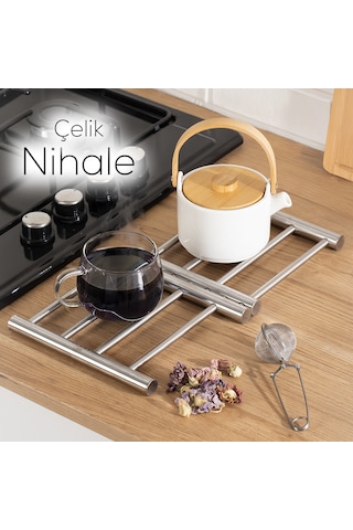 Porsima Ivo-ks162 Paslanmaz Çelik Nihale Açılır Tencere Tava Altlığı Metal Altlık Gümüş