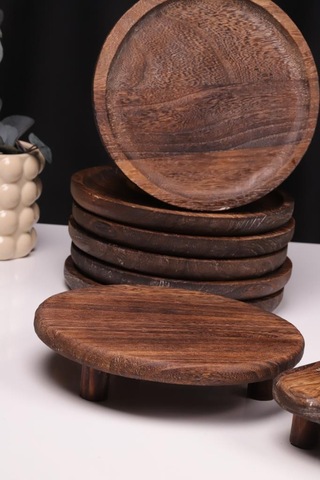 Bambum 9 Parça Pavlonya Rustic Ahşap Sunum Seti Yuvarlak Ve Dikdörtgen Ayaklı Servis Tabakları Ahşap