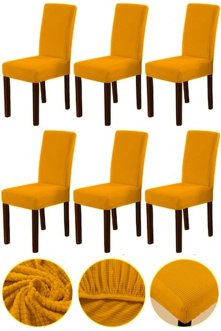 Bambu Nano Kumaş Likralı Yıkanabilir 6'lı Sandalye Kılıfı Lastikli Sandalye Örtüsü 6 Adet - Hardal