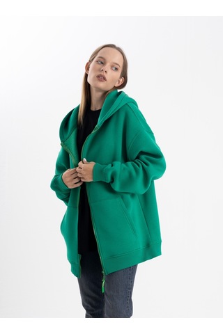 Kapşonlu Fermuarlı Yeşil Hoodie College Yeşil