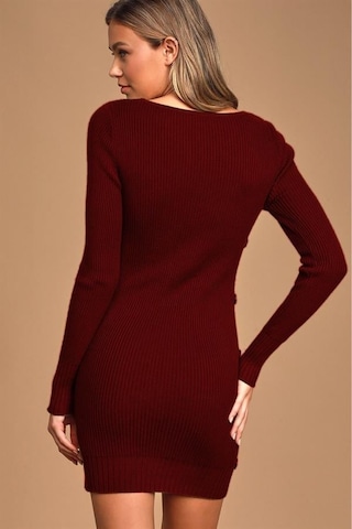 Aqe Fashion Kadın Geniş Yaka Uzun Kol Yandan Düğme Detaylı Bordo Triko Elbise Bordo