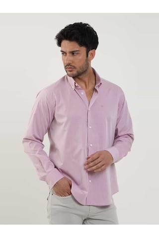 Dufy Bordo Erkek Regular Fit Düz Brent Düğmeli Yaka Uzun Kol Gömlek - 102224-bordo Bordo