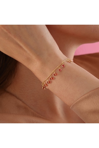 925 Ayar Gümüş Ful Sallantılı Kırmızı Renk Geçişli Bileklik Altın