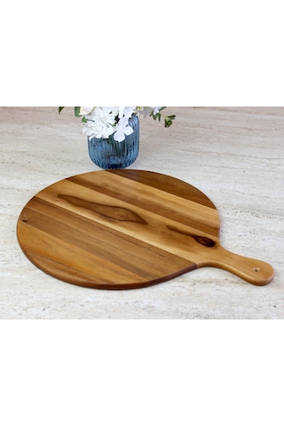 Doğal Akasya Ağacı Yuvarlak Pizza Ve Sunum Tahtası, Saplı Büyük Boy Jumbo Uyumlu Ahşap Şarküteri Tepsisi 42 X 54,5 X 1,5 Cm