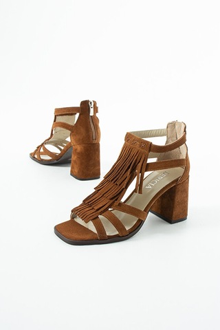 Dericia Shoes Fringe Hakiki Deri Süet Kadın Püskül Detaylı Kalın Topuklu Sandal Turuncu