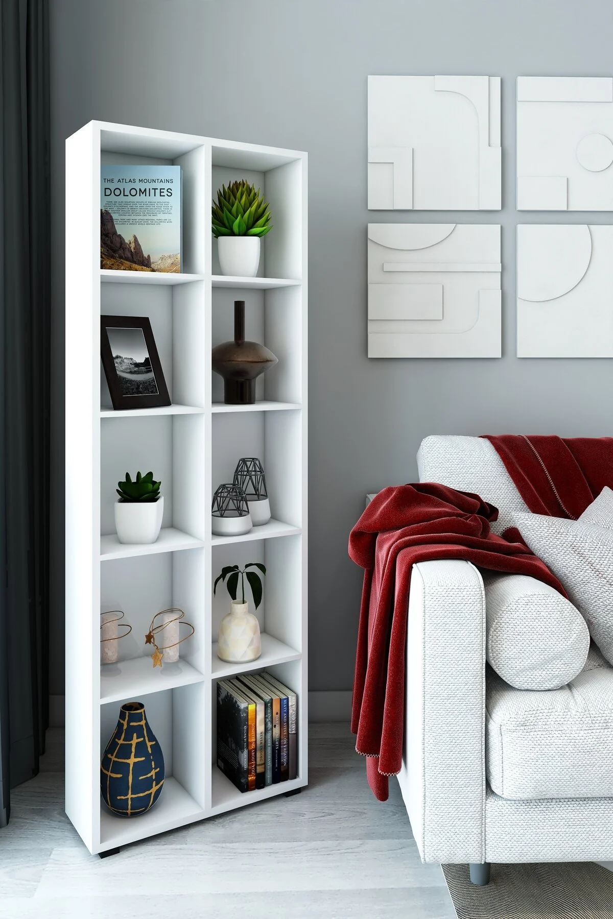 Petek 10 Bölmeli Beyaz Çok Amaçlı Ahşap Dekoratif Raf / Kitaplık & Düzenleyici & Saksı Standı Beyaz