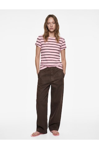 Koton Çizgili Pamuklu Bisiklet Yaka Kısa Kollu Slim Fit Tişört Pembe Çizgili 6sal10537ık