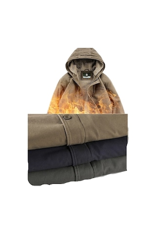 Yingfu Kışlık Erkek Gündelik Kalın Sıcak Kapüşonlu Ceket Kaban Haki Haki