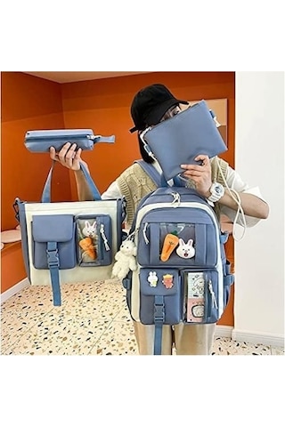 Yucama 4 Parça Set Kadın Laptop Çantası Su Geçirmez Seyahat Öğrenci Okul Çantası Seyahat Omuz Çantası Büyük Kapasiteli Aksesuarlarla - Blue Kırmızı - Gri