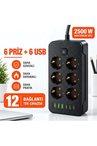 2500w 6'lı Grup Priz 6 Usb Girişli 3 Type-c + 3 Usb-a Açma Kapama Anahtarlı Çoklu Priz Çoğaltıcı