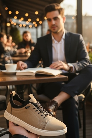 Enoch Hakiki Deri Lastik Detaylı Erkek Sneaker Ayakkabı Ortopedik Taban Bej
