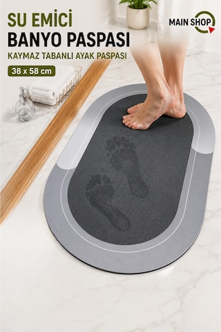 Mainshop 2'li Set Oval Banyo Matı Takımı - 38x58 Cm Su Emici Paspas Ve 37x69 Cm Masajlı Kaydırmaz Duş Paspası Gri