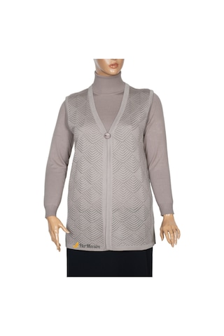 Hesna Kadın Taçlı Triko Ajurlu Broşlu Yelek Taş Beji Bej