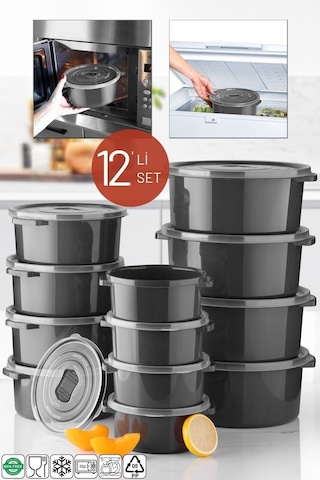 Nandy Home Mikrodalga Difrizde Kullanılabilen Saklama Kabı Seti Yuvarlak 12'Li Antrasit