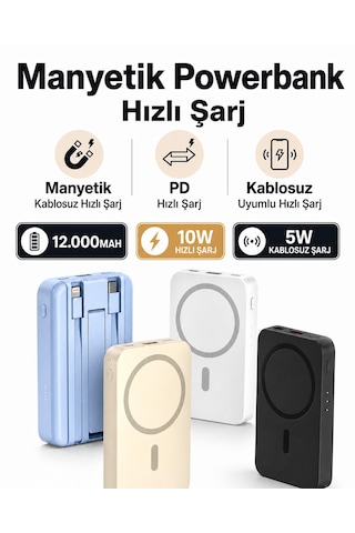 12.000mah 5w Mıknatıslı Powerbank Micro Type-c Şarjlı Hızlı Şarj Taşınabilir Standlı 4 Çıkış 3 Giriş 10w Hızlı Şarj Kablosuz Uyumlu Şarj Açık Gri