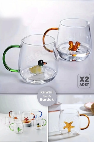 2'li Figürlü Cam Bardak 3d Sevimli Karikatürler Bardağı Kawaii Renkli Kulplu Sunum Fincanı 350 Ml.