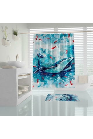 Banyo Paspas Ve Tek Kanat Duş Perdesi 1x180x200 Set Banyo Halısı Whale