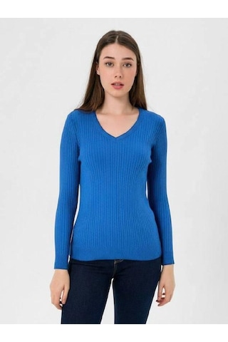 Miss Poem Kadın V Yaka Slim Fit Fitilli Uzun Kışlık K.mavi Triko Kazak K.mavi