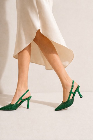 Lebibe Shoes Lısa Kadın Yeşil Sivri Burun 7 Cm Topuklu Çiçek Dantel Desenli Rugan Slingback Ayakkabı