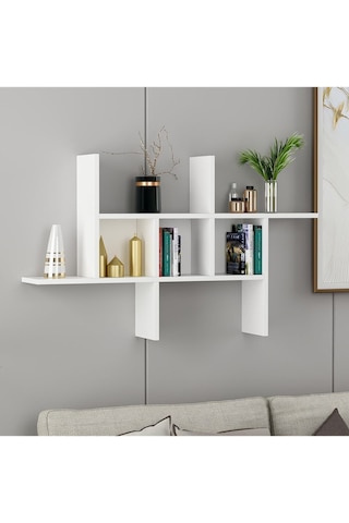 Madagaskar Duvar Rafı – Asimetrik Tasarım, Duvara Monte Dekoratif Kitaplık - Beyaz